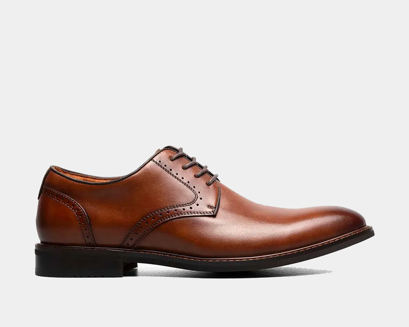 Stacy Adams Benson Plain Toe dress shoes in brown leather with polished finish and perforated details, side view.