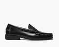 Florsheim Berkley Penny Loafer shoes in black leather with moc toe stitching and low stacked heel, side view.