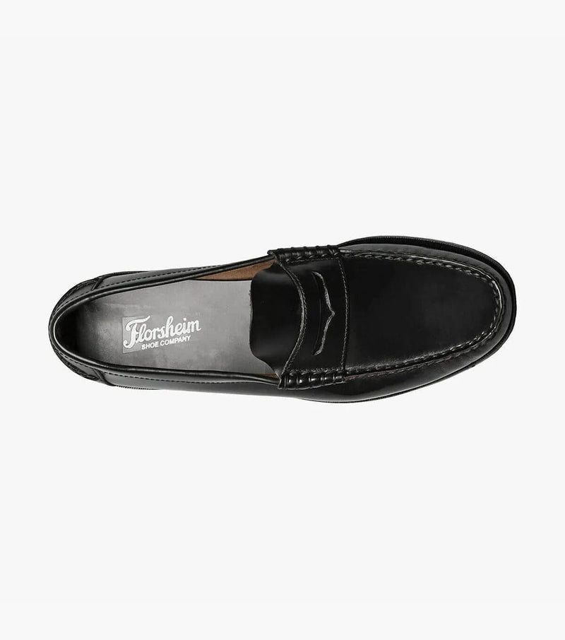Florsheim Berkley Penny Loafer in black leather with classic penny strap detail and stitched moc-toe design, top view.