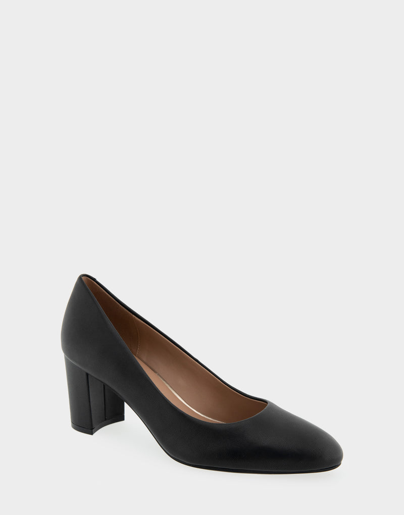 Comfortable Women's Mid Heel Pump in Genuine Black Leather Side Angle View