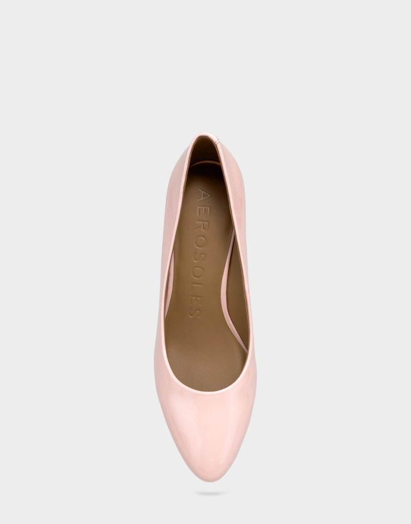 Comfortable Women's Pump In Pink Patent Faux Leather Full Front View