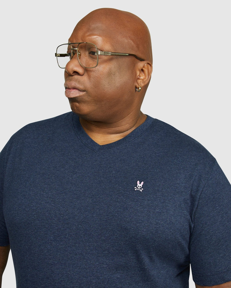 Psycho Bunny Big and Tall Classic V Neck Tee in navy blue with embroidered pink logo detail on the chest, front view.