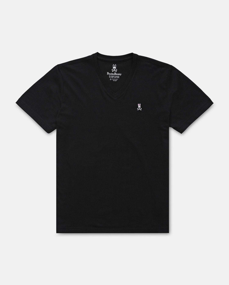 Psycho Bunny Big and Tall Classic V Neck Tee in black with embroidered logo and soft cotton fabric, front view.