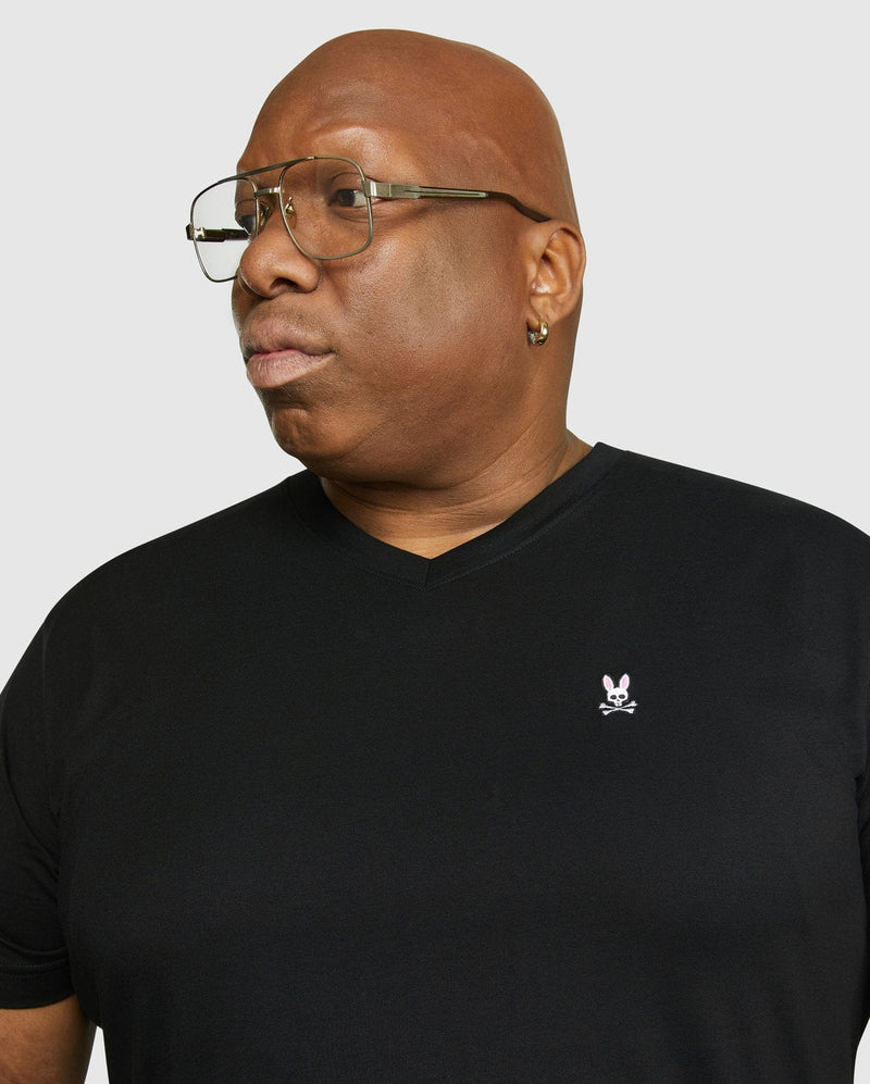 Psycho Bunny Big and Tall Classic V Neck Tee in black with embroidered logo detail on the chest.