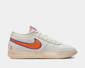 Nike Book 1 Decade shoes in off-white leather with orange and purple Swoosh logo, side view showing rubber sole and minimal design.