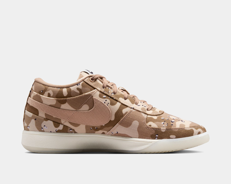 Nike Book 1 SE sneakers featuring a brown camouflage pattern with suede Swoosh logo and white midsole, side view.
