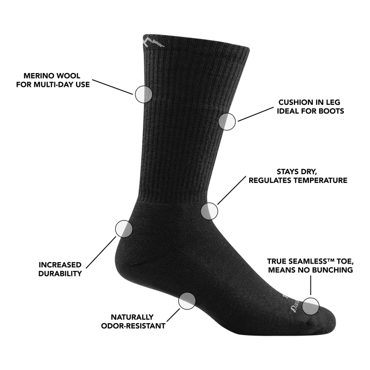 Darn Tough Boot Midweight Tactical Sock with Cushion, black, merino wool construction with reinforced durability, side view.