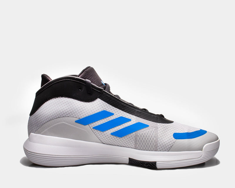 Adidas Bounce Legends basketball shoes in white with blue accents and black collar, featuring a cushioned midsole, side view.