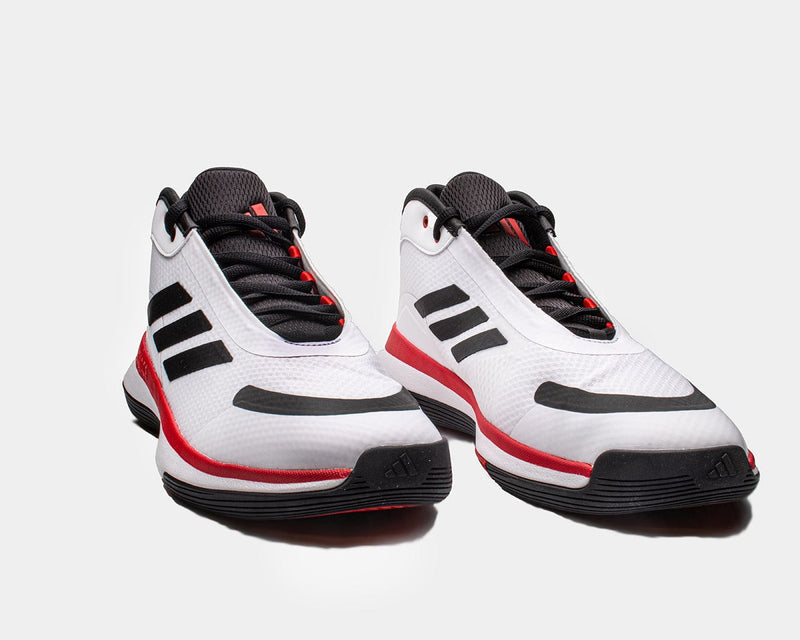 Adidas Bounce Legends basketball shoes in white, black, and red with mesh upper and padded collar, front angled view.