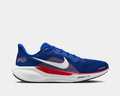 Nike Buffalo Bills Pegasus 41 running shoes in royal blue with mesh upper, red accents, white logo, and Air Zoom cushioning, side view.
