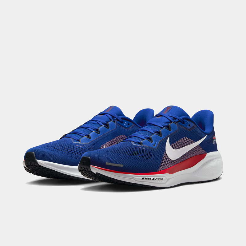 Nike Buffalo Bills Pegasus 41 running shoes in royal blue, red, and white with mesh upper, Air Zoom cushioning, and branded details, front-side view.