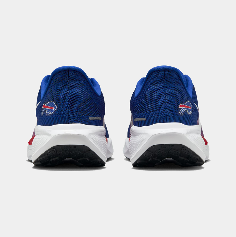 Nike Buffalo Bills Pegasus 41 running shoes, back view showing blue mesh upper with team logo and white midsole detailing.