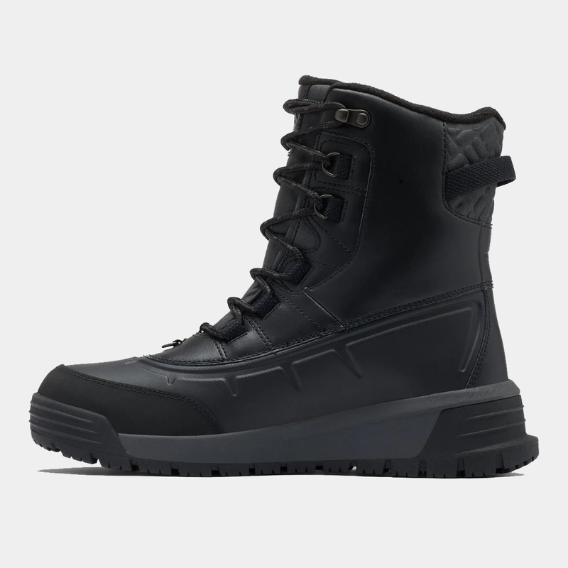 Columbia Bugaboot™ Celsius winter boots, black leather and textile upper with lace-up design and rugged rubber outsole, side view.