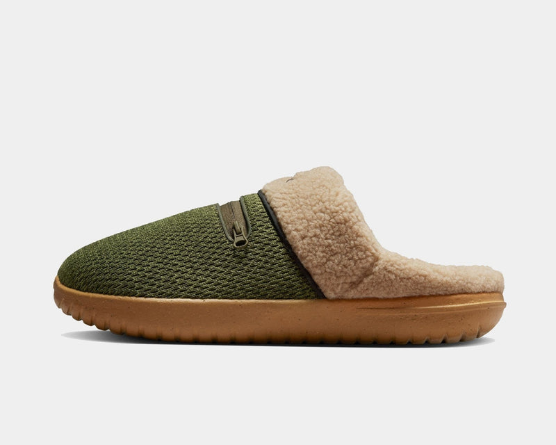 Nike Burrow SE slippers with green textured mesh upper, beige fleece lining, and tan rubber outsole, side view.