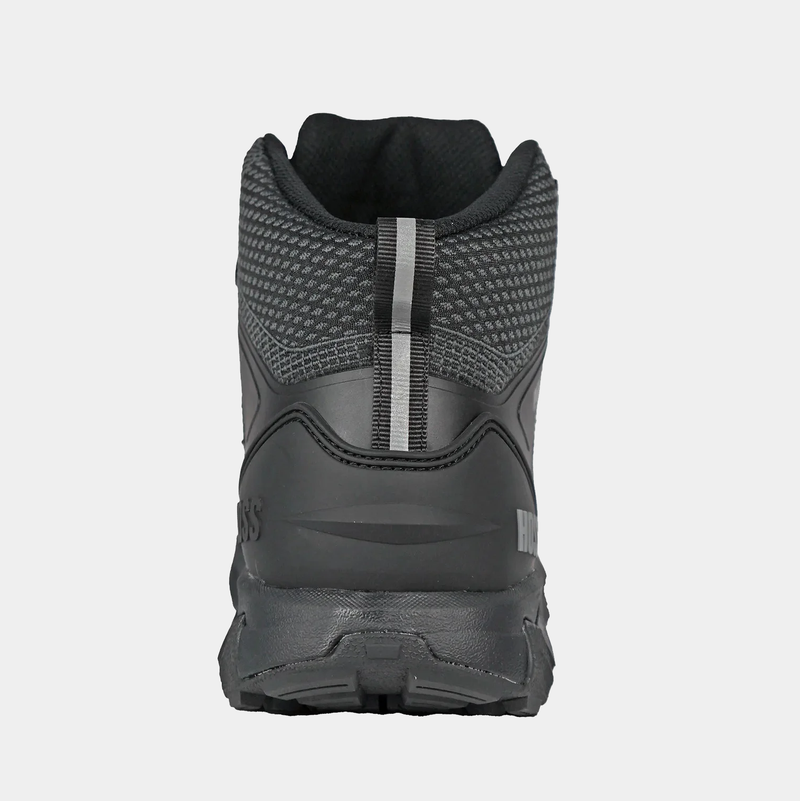 Hoss Buster Hi Comp Toe Boot in dark gray with reinforced heel and pull tab, back view.