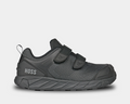 A black safety shoe with velcro closure, featuring a FlyKnit upper with molded toe cap and heel counter.