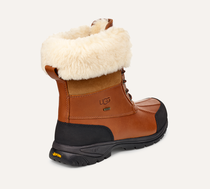 UGG Butte winter boots in brown leather with black detailing, waterproof construction, and plush shearling lining, back view.