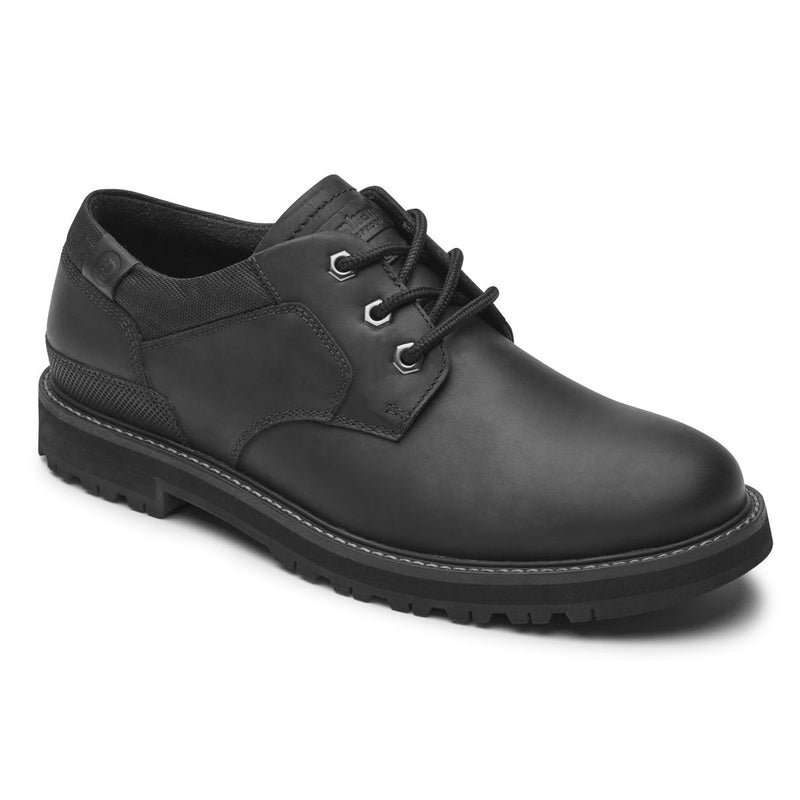 Dunham Byrne Oxford shoes in black featuring full-grain leather upper, lace-up closure, and rugged outsole, side angle view.