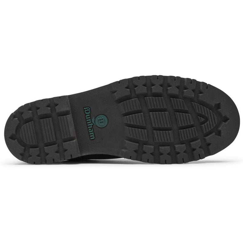 Dunham Byrne Oxford shoe outsole with black rubber tread pattern and embossed Dunham logo, sole view.