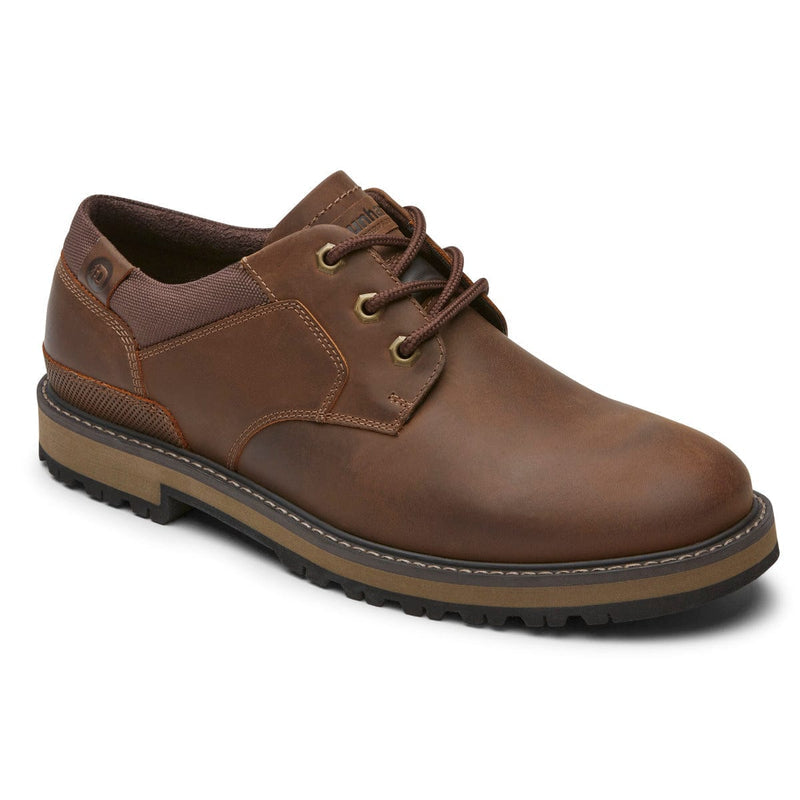 Dunham Byrne Oxford shoes in rich brown leather with stitched detailing, cushioned collar, and durable treaded outsole, side view.