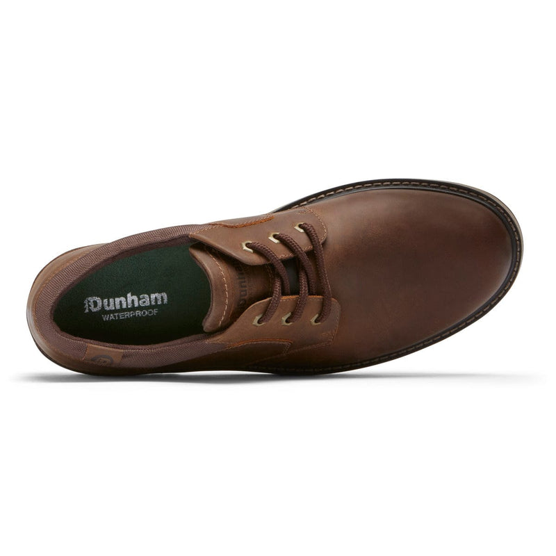 Dunham Byrne Oxford shoes in brown leather with waterproof construction and lace-up design, top view.
