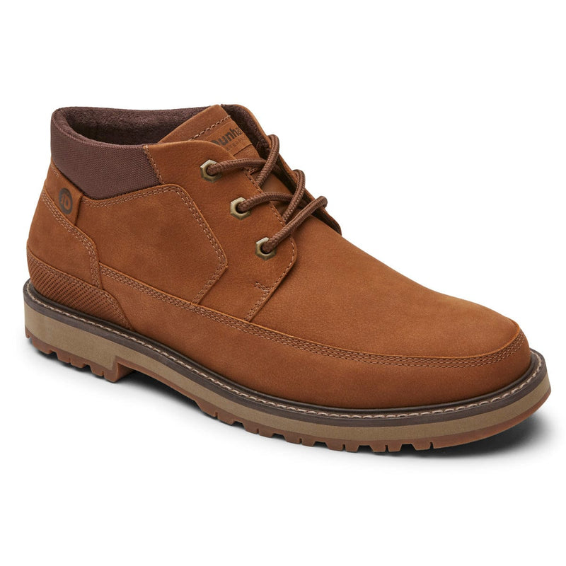 Dunham Byrne Waterproof Chukka Boot in brown leather with lace-up design and rugged outsole, side angle view.