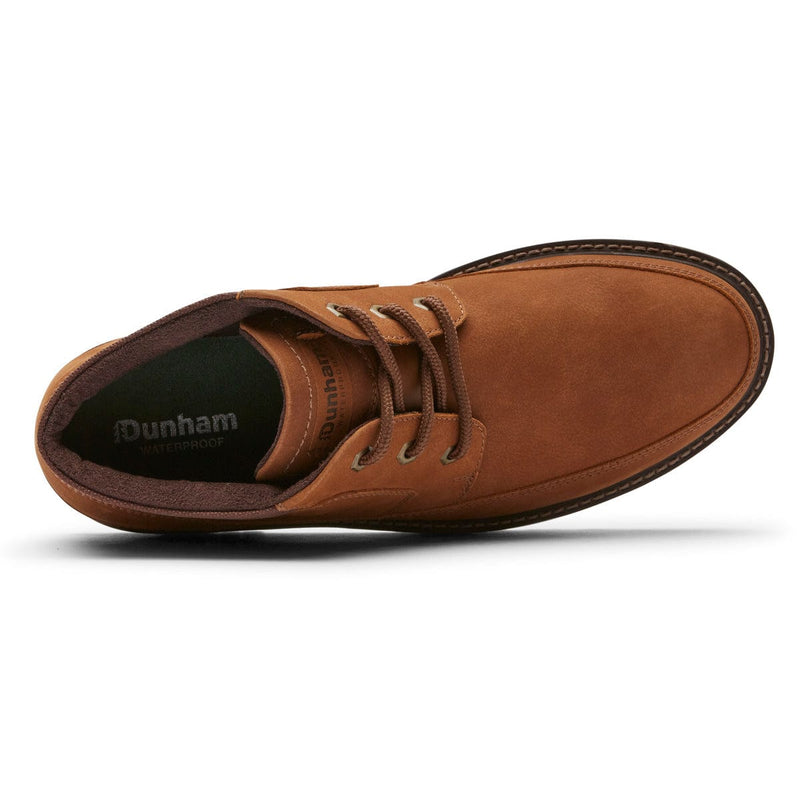 Dunham Byrne Waterproof Chukka Boot top view in brown leather with lace-up closure, padded collar, and durable stitching.