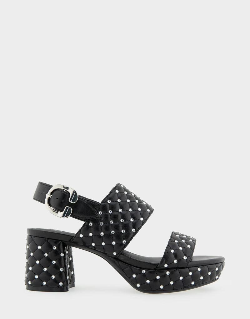 Comfortable Women's Platform Sandal in Black Quilted Faux Leather With Crystals  Side View