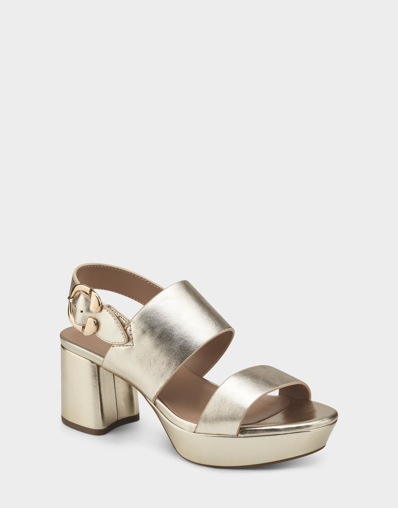Comfortable Women's Platform Sandal in Gold Metallic Leather Angle View