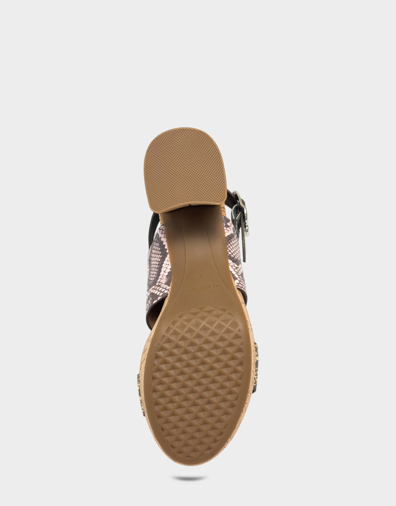Comfortable Women's Platform Sandal in Multi Faux Snake Print Bottom View