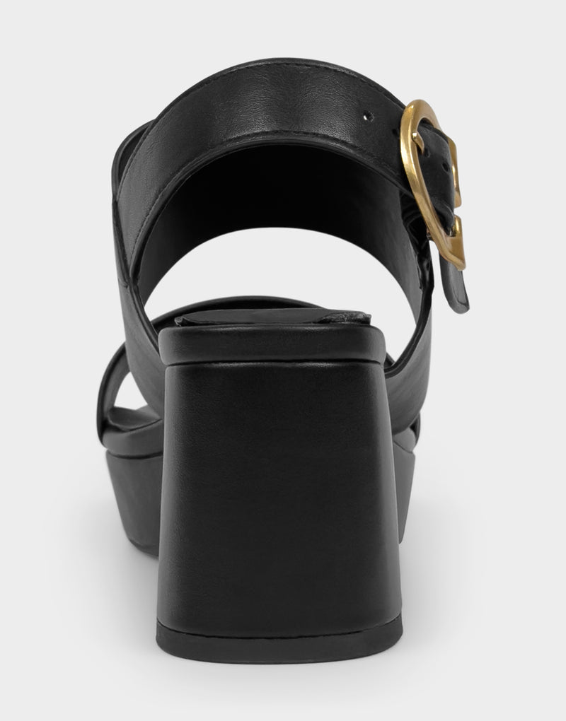 Comfortable Women's Platform Sandal in Black Faux Leather Rear View