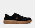 Airwalk Camino Composite Toe Work Sneaker in black with suede upper, composite toe protection, and tan rubber sole, side view.