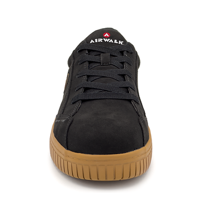 Airwalk Camino Composite Toe Work Sneaker in black with a gum outsole, lace-up design, and durable composite toe, front view.
