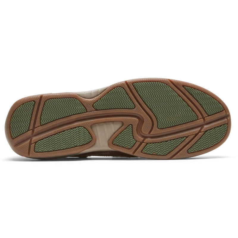 Dunham Captain Venetian shoe outsole with textured green and brown rubber for traction and durability.