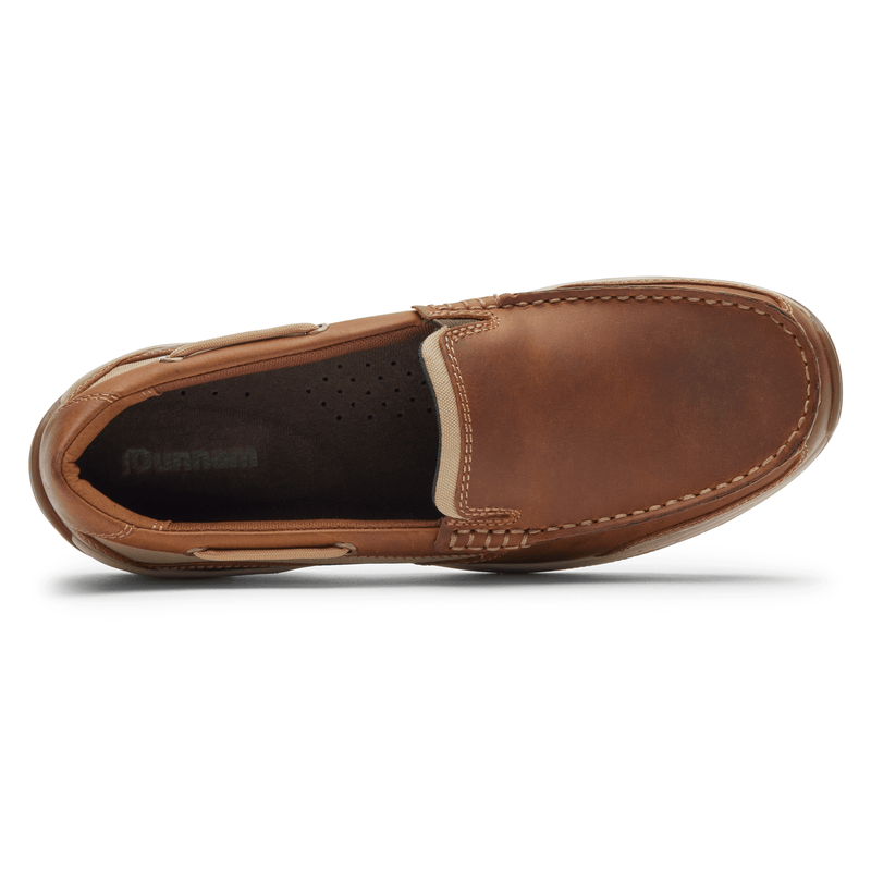 Dunham Captain Venetian slip-on shoes in brown leather with stitched detailing and cushioned footbed, top view.
