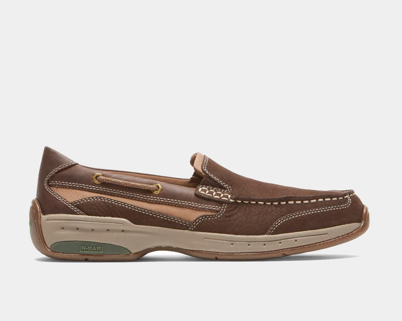 Dunham Captain Venetian loafers in brown leather with contrast stitching, padded collar, and tan rubber outsole, side view.