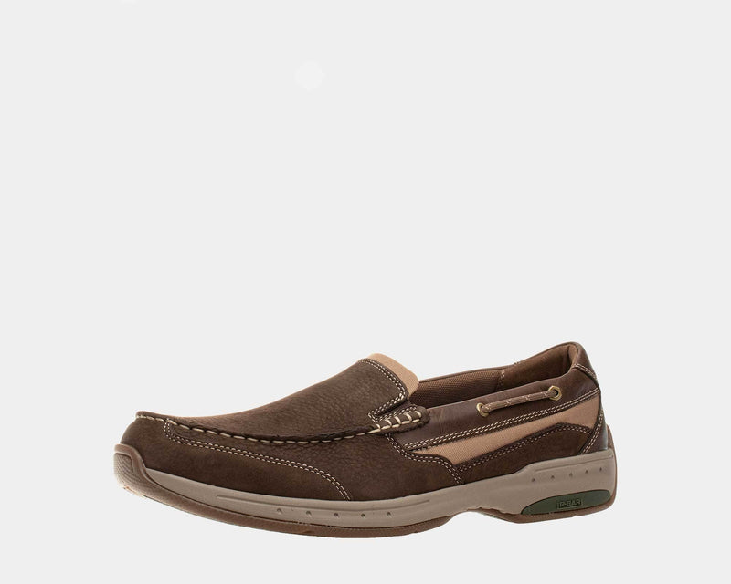 Dunham Captain Venetian loafers in brown leather with beige accents, moc-toe stitching, and a cushioned sole, side view.