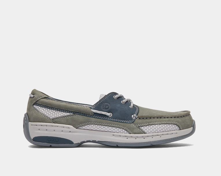 Dunham Captain boat shoes in green and blue leather with mesh paneling and contrast stitching, side view.