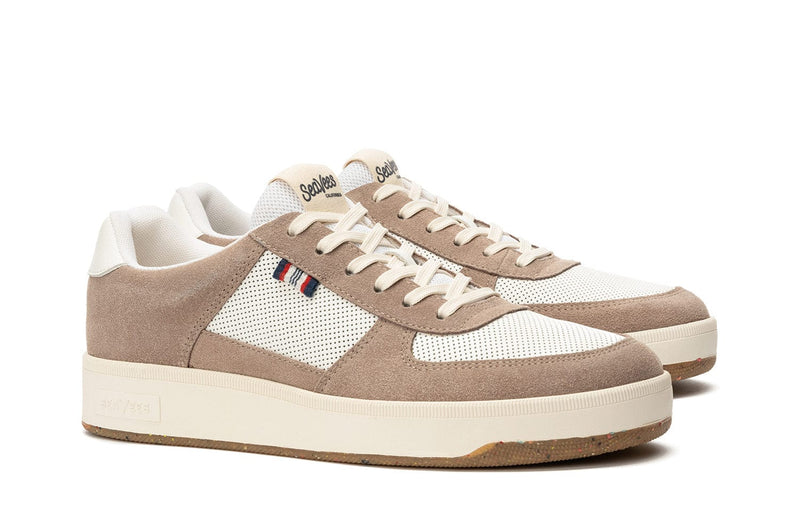 SeaVees Cardinal Sneaker casual shoes in tan suede and white perforated leather with a cushioned sole and lace-up design.