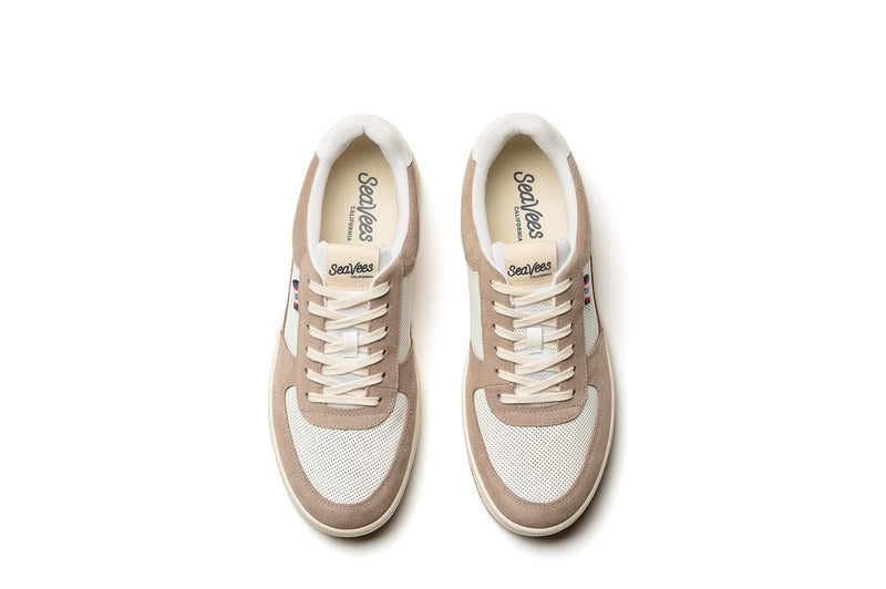 SeaVees Cardinal Sneaker in beige and white with suede accents and perforated toe box, top view.