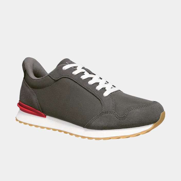 Propét Carmine Step In Sneakers in gray with mesh fabric upper, suede overlays, white laces, and gum sole, side angle view.