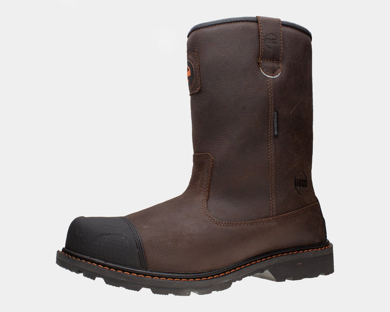 Hoss Cartwright II Wellington Comp Toe Boot in brown leather with black reinforced toe and slip-resistant sole, side view.