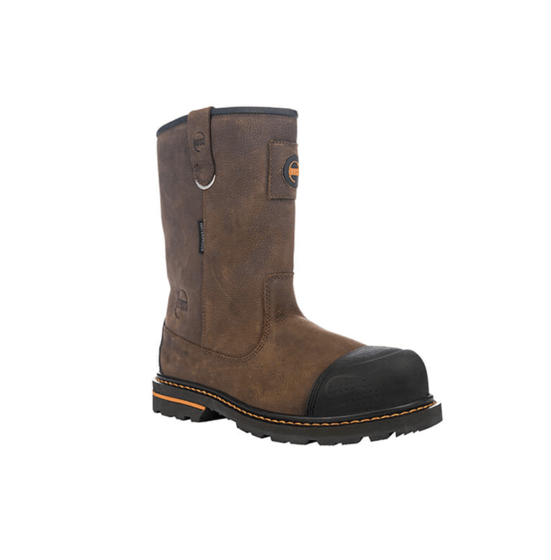 Hoss Cartwright II Wellington Comp Toe Boot in brown leather with reinforced black toe cap and slip-resistant outsole, side view.