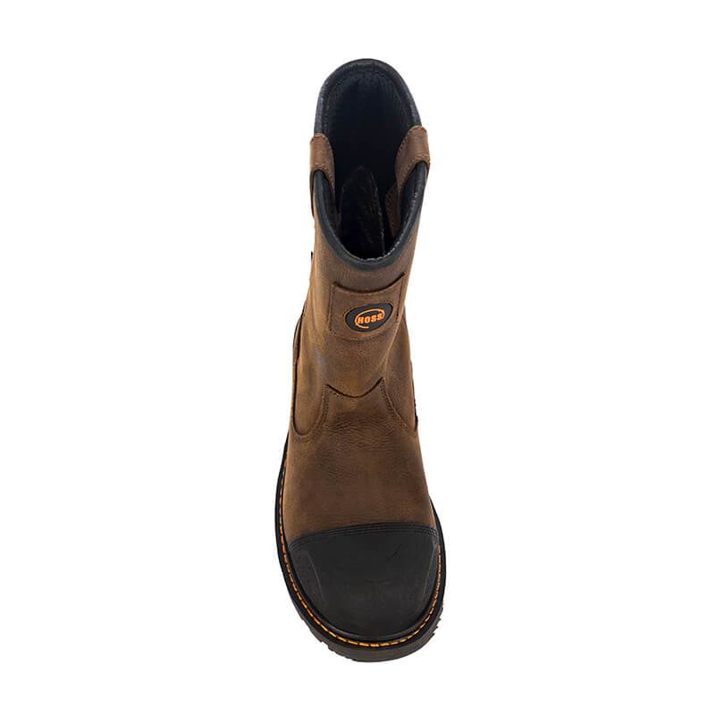 Hoss Cartwright II Wellington Soft Toe boots in brown leather with reinforced black toe cap, top view.