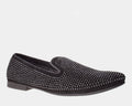 Steve Madden Caviarr Rhinestone Slip-On Loafers in black suede with sparkling rhinestone detailing, side view.