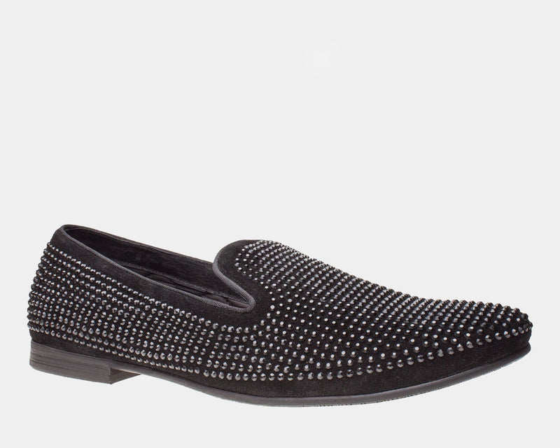 Steve Madden Caviarr Rhinestone Slip-On Loafers in black suede with sparkling rhinestone detailing, side view.