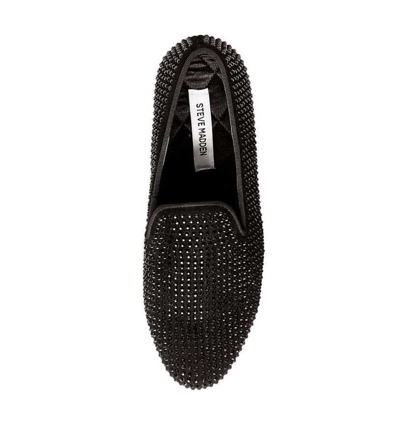 Steve Madden Caviarr Rhinestone Slip-On Loafers in black with sparkling rhinestone embellishments and quilted interior, top view.