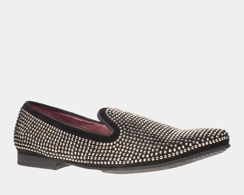 Steve Madden Caviarr Rhinestone Slip-On Loafers in black with sparkling rhinestone embellishments and a low heel, side view.