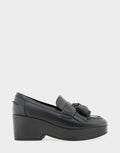 Comfortable Women's Flatform Loafer In Black Faux Leather Side View