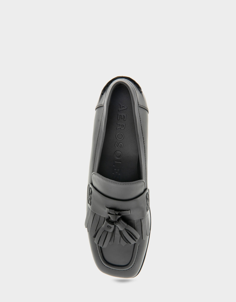 Comfortable Women's Flatform Loafer In Black Faux Leather Top View